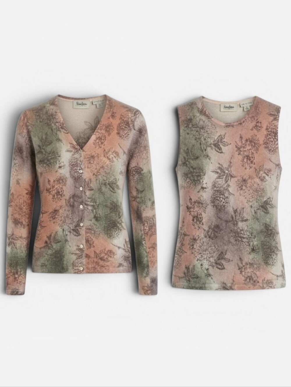 Neiman Marcus 100% Cashmere Floral Twin Set Cardigan Sweater Sleeveless Top Sz.M